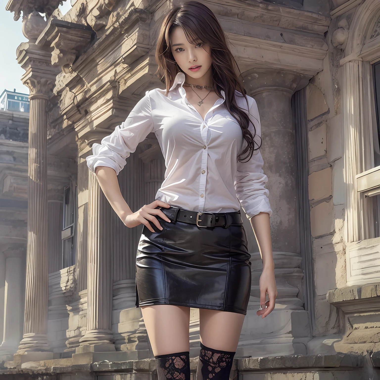 (top-quality、hight resolution、​masterpiece:1.3)、Tall and cute woman、Slender Abs、Dark brown hair styled in loose waves、breastsout、Wearing a pendant、White button-up shirt、a belt、Black leather tight skirt、(Modern architecture in background)、Details exquisitely rendered in the face and skin texture、A detailed eye、double eyelid