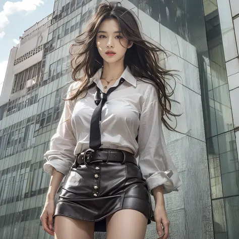 (top-quality、hight resolution、​masterpiece:1.3)、Tall and cute woman、Slender Abs、Dark brown hair styled in loose waves、breastsout、Wearing a pendant、White button-up shirt、a belt、Black leather tight skirt、(Modern architecture in background)、Details exquisitel...