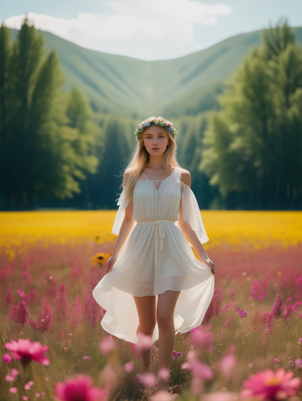 An insanely beautiful blonde young woman, is standing with flowers explosion in the background, in the style of midsommar, fanciful, natural landscape , dreamlike imagery, captivating documentary photos, flowing fabrics, disintegrated, intricate