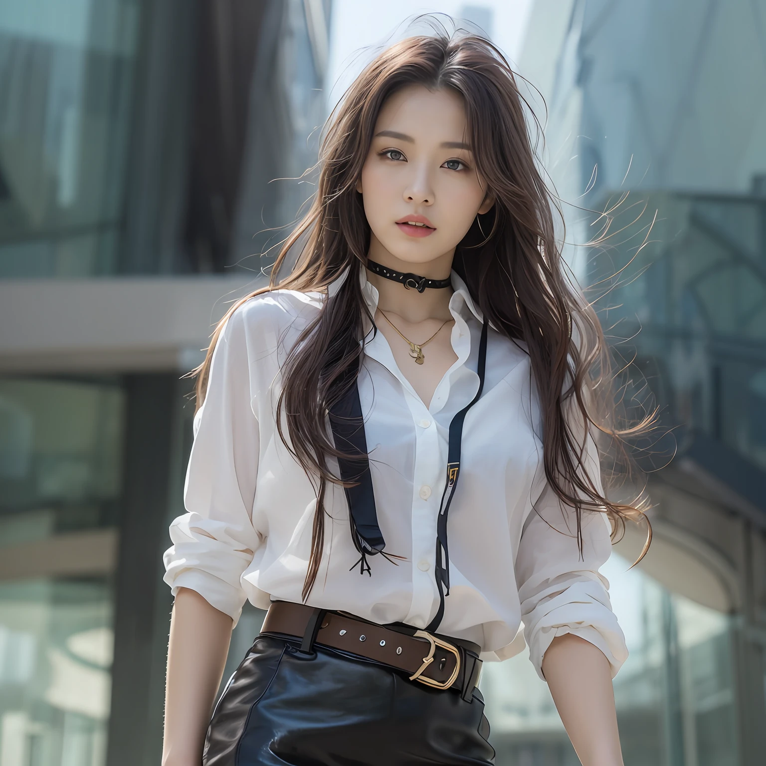 (top-quality、hight resolution、​masterpiece:1.3)、Tall and cute woman、Slender Abs、Dark brown hair styled in loose waves、breastsout、Wearing a pendant、White button-up shirt、a belt、Black leather tight skirt、(Modern architecture in background)、Details exquisitely rendered in the face and skin texture、A detailed eye、double eyelid