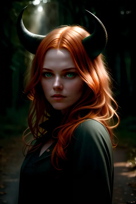award winning character concept art of, a cute demon girl, green eyes, ginger hair, blurry_background,  black horns, natural lig...