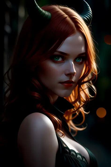 award winning character concept art of, a cute demon girl, green eyes, ginger hair, blurry_background,  black horns, natural lighting, lips, looking_at_viewer, solo, from side, highly detailed 8k character concept portrait studio lighting by Annie Leibovit...