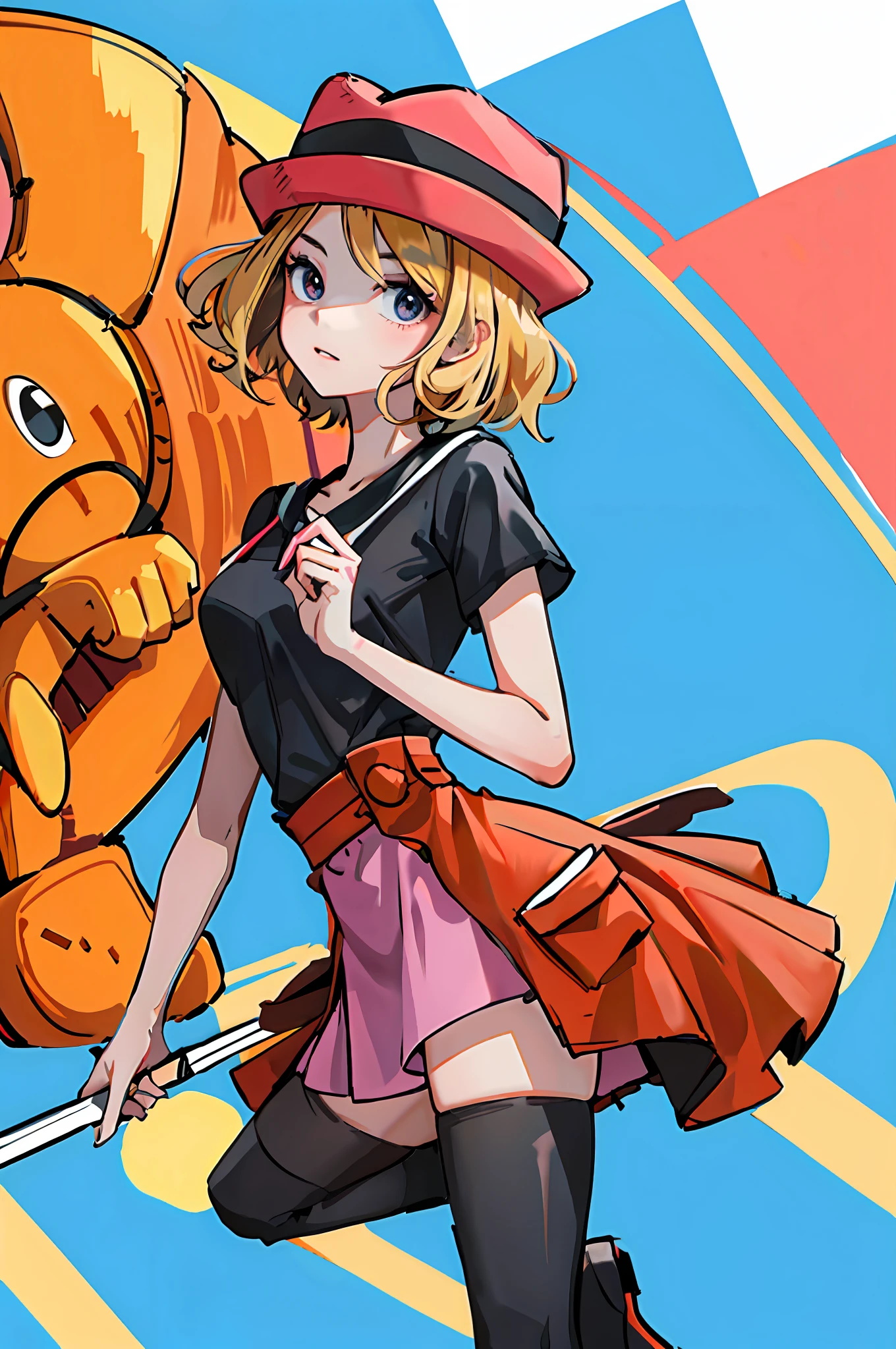 (masterpiece:1.2, best quality), 1girl, solo, short hair, blonde hair, red hat, black T-shirt, black thighhighs, pink dress