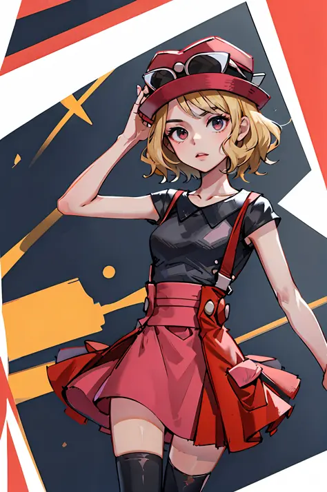 (masterpiece:1.2, best quality), 1girl, solo, short hair, blonde hair, red hat, black T-shirt, black thighhighs, pink dress
