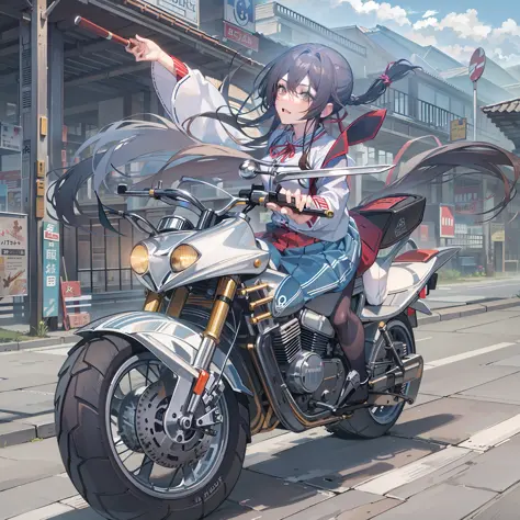 (​masterpiece), (top-quality),sagiri,riding a motorcycle and holding a sword,highway