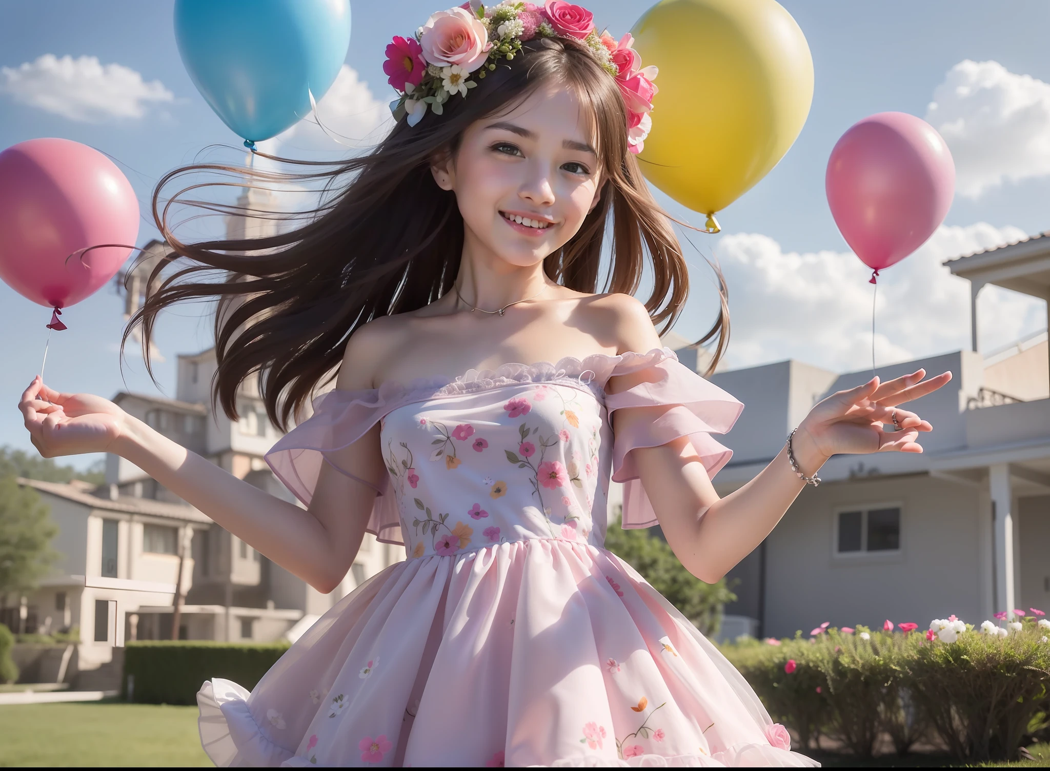 A girl holding flowers, Multi-colored balloons floating in the sky, grassland, dance, holding flowers, cheerful, happiness, Perfect quality, clear focus (Cluttered house: 0,8), (masterpiece: 1,2) (actual: 1,2) (Bokeh) ( best quality) (Skin details: 1.3) (Intricate details) (8K) (Eye details) (sharp focus), (happiness) Authenticity