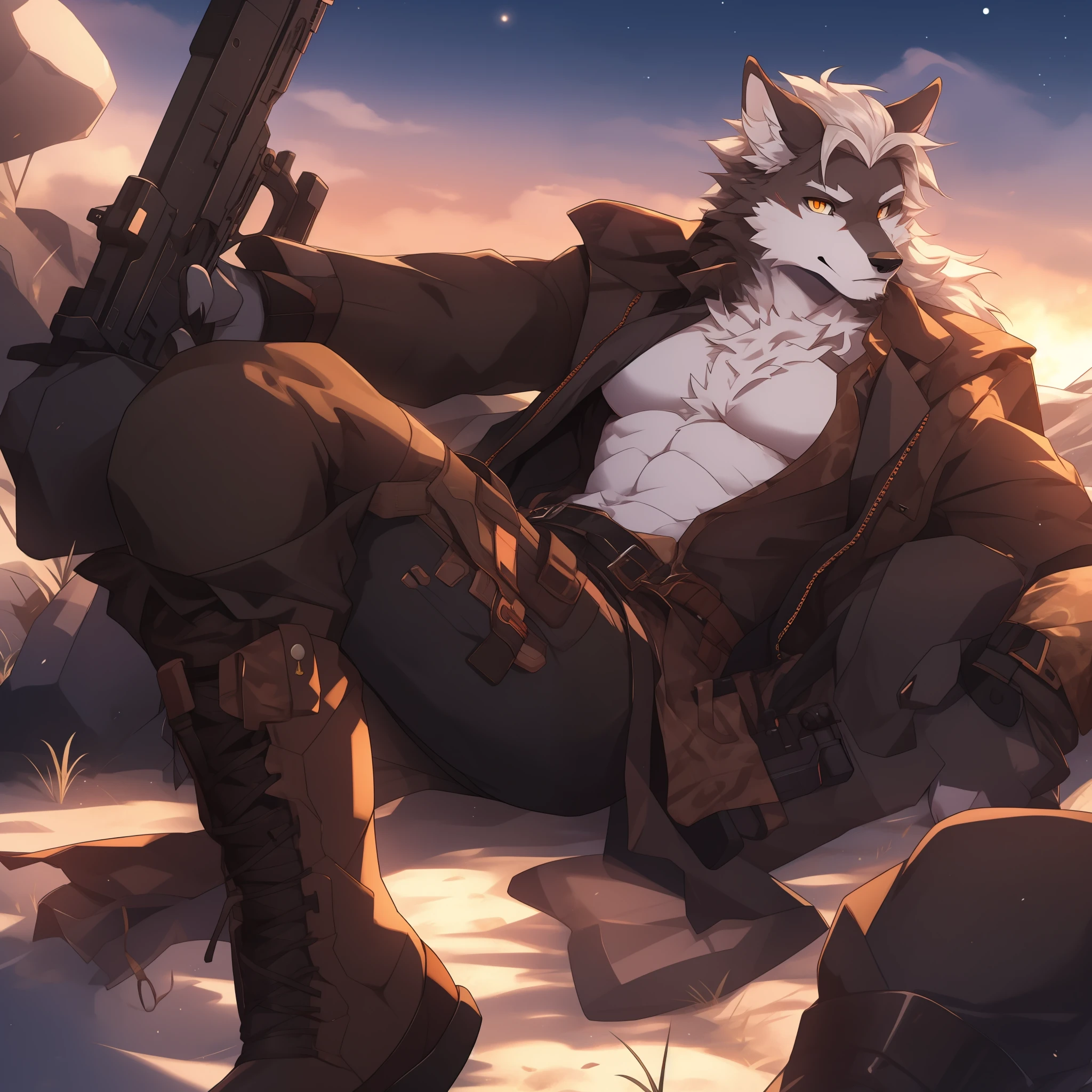 Furry，gray wolf，long whitr hair，Golden pupils，sniper gun，starrysky