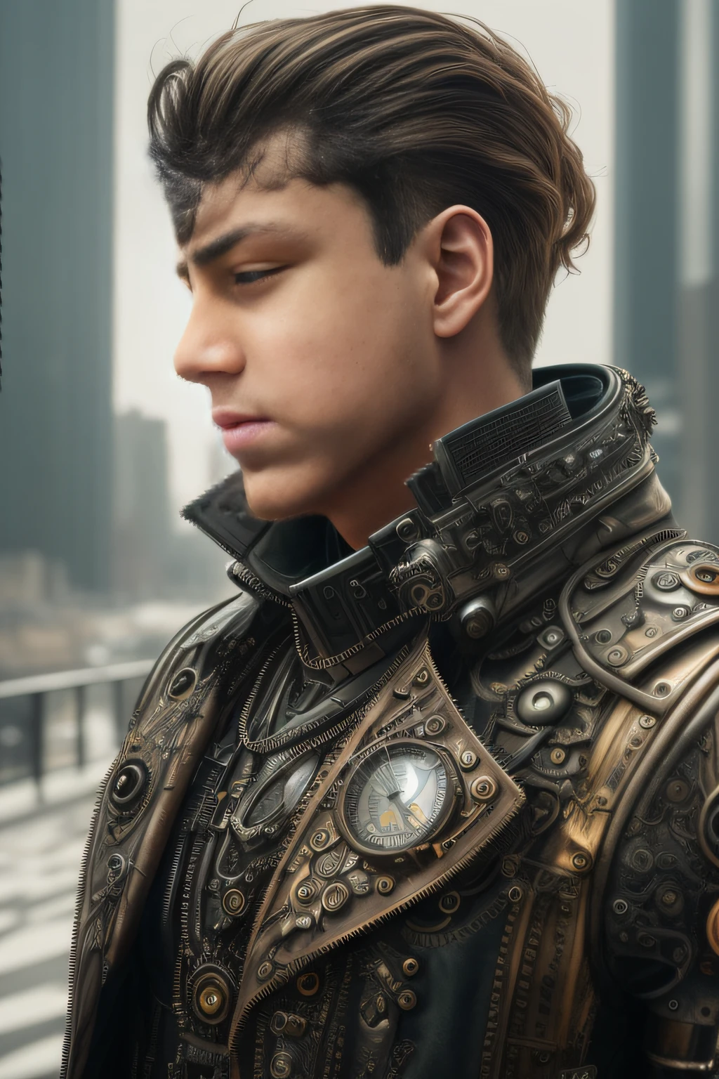 depressed attractive cybernetic man looking down, (steampunk cyborg:1.2), (intricate details), hdr, (intricate details, hyperdetailed:1.2), stark lighting, facing away from camera, hyperrealism, side shot, portrait, torso, hyperdetailed real human hair, (closed eyes), worn leather jacket, skin pores, hyperdetailed perfect real human skin, hyperdetailed face, tensorfunk