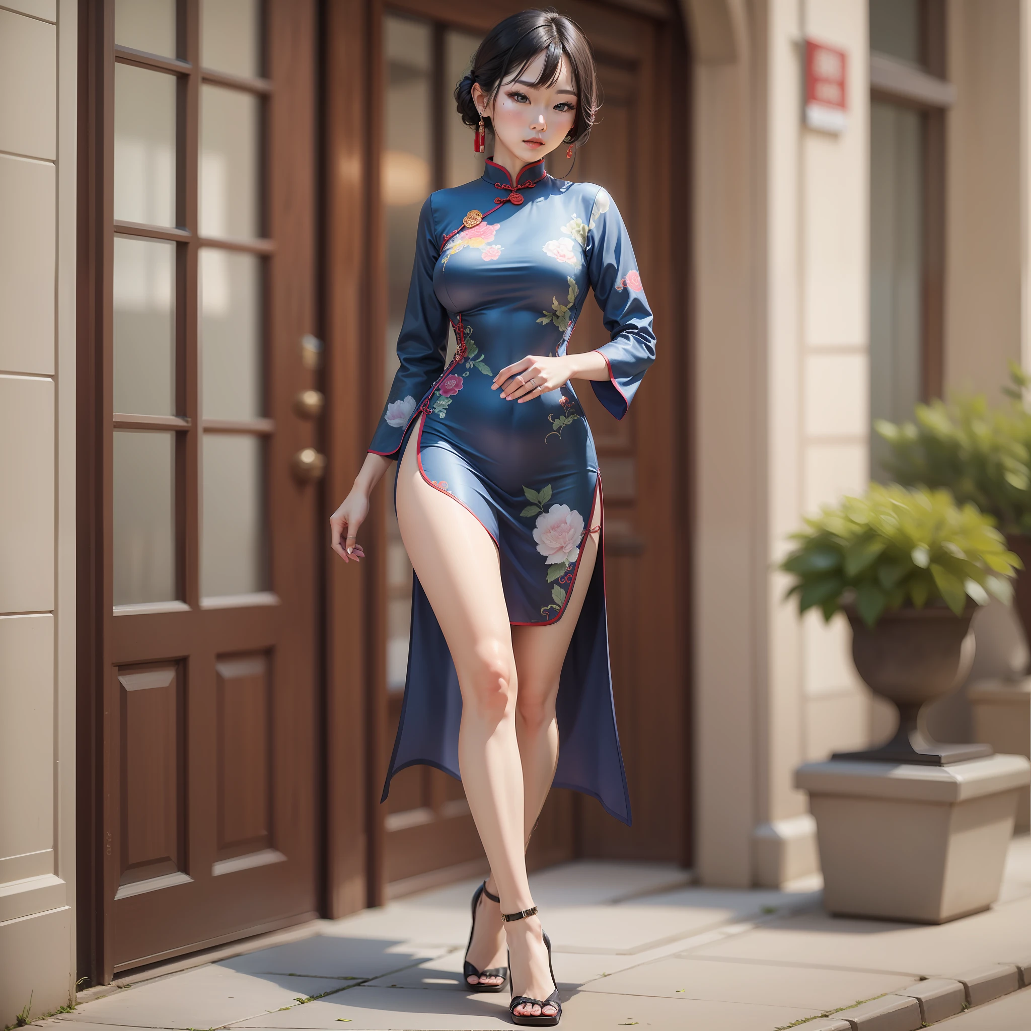 Full body photo of woman wearing solid blue cheongsam