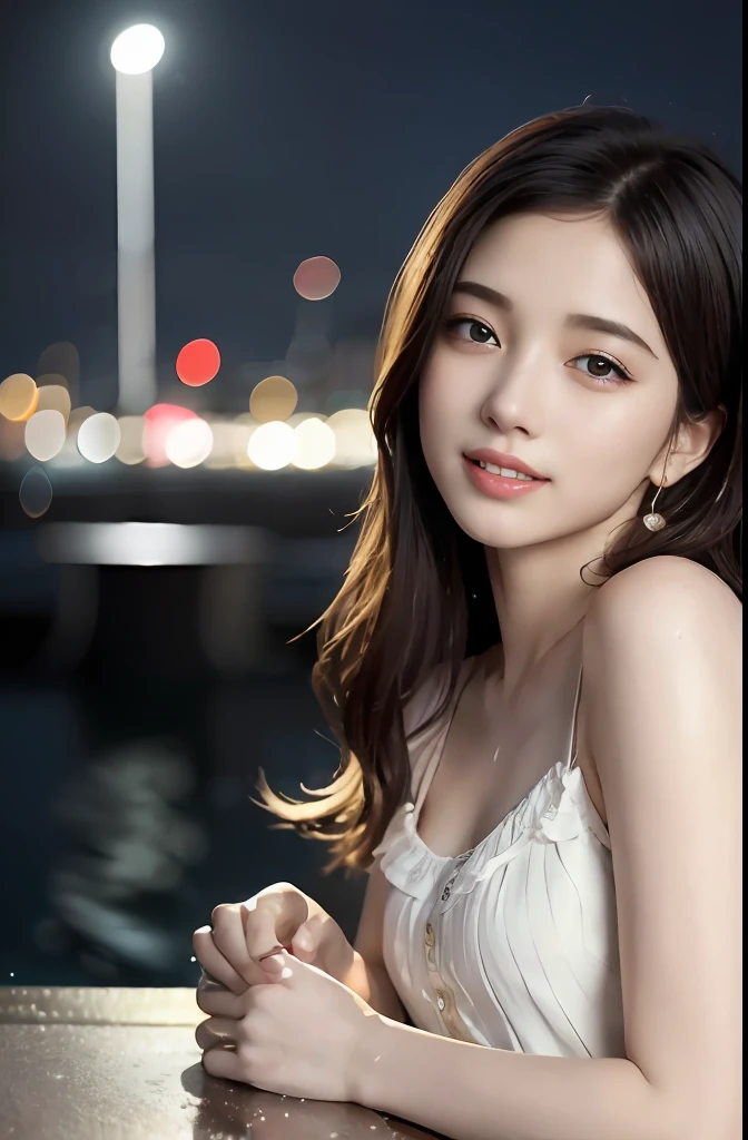 (8k, Best Quality, Masterpiece: 1.2), (Realistic, Photorealistic: 1.37), Super detailed, 1 girl, Cute, Solo, Beautifully detailed sky, Detailed cafe, Night, Sitting, Dating, ( Nose blush), (smile:1.15), (closed mouth), small breasts, beautiful fine eyes, night, wet, rain, floating hair NovaFrogStyle