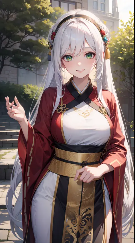 Tall girl, Long white hair, Green eyes, hanfu, ssmile, open breasts, Masterpiece, hiquality