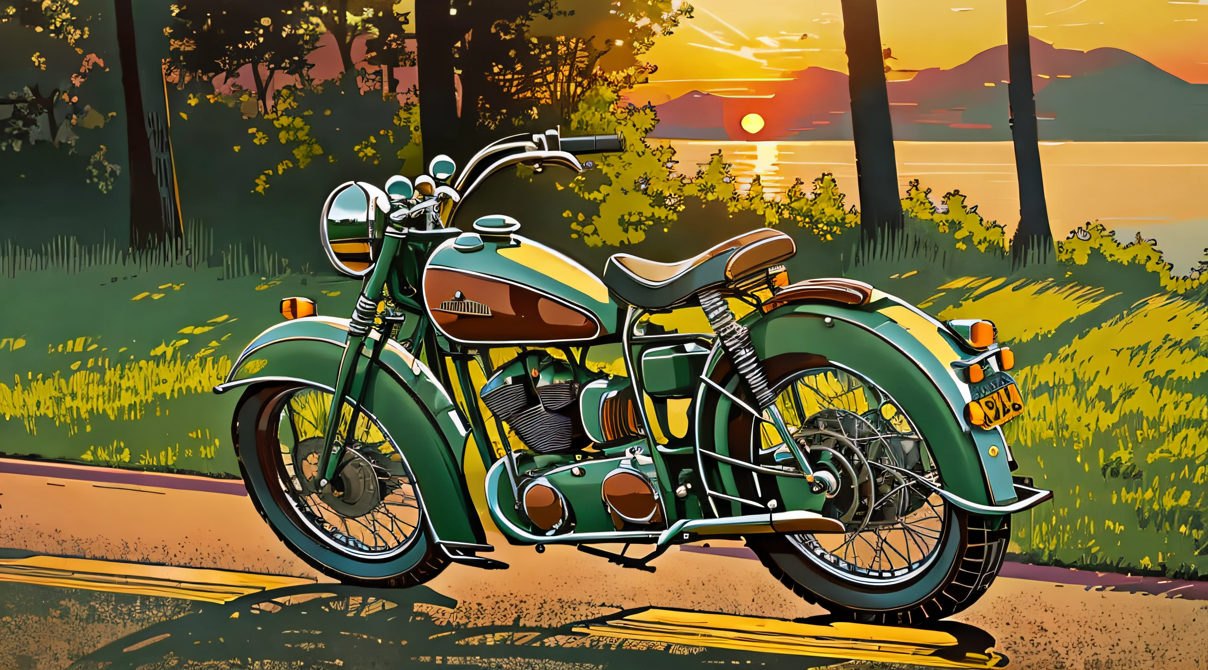 Tonalität des Kunststils, Tonalismus-Kunst, Sonnenuntergang, Ultrarealistisches Vintage Motorrad 40er Jahre