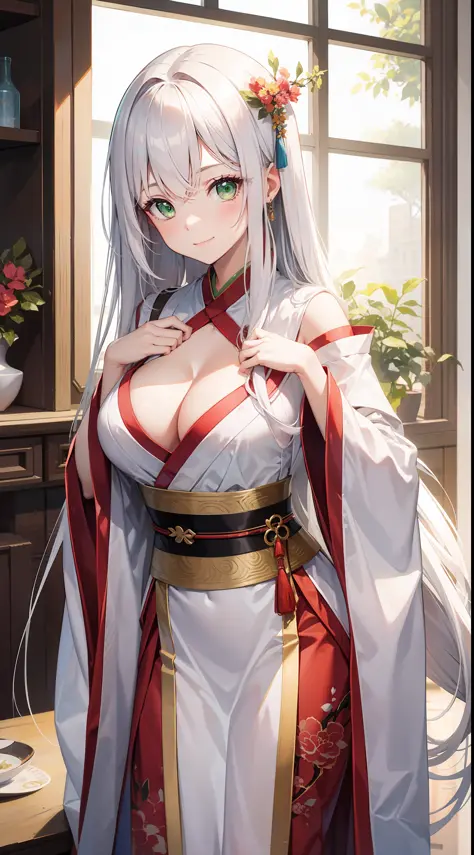 Tall girl, Long white hair, Green eyes, Hanfu, ssmile, open breasts, neckline on the chest, Masterpiece, hiquality