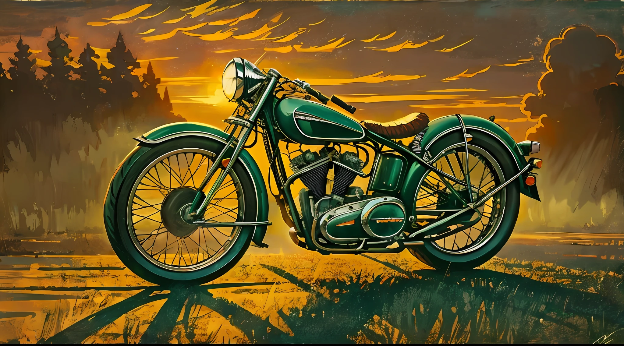 Tonalisme de style artistique, art du tonalisme, coucher de soleil, Moto vintage ultra-réaliste des années 40