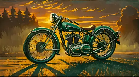Art style tonalism, tonalism art, sunset, ultra-realistic vintage motorcycle 40s