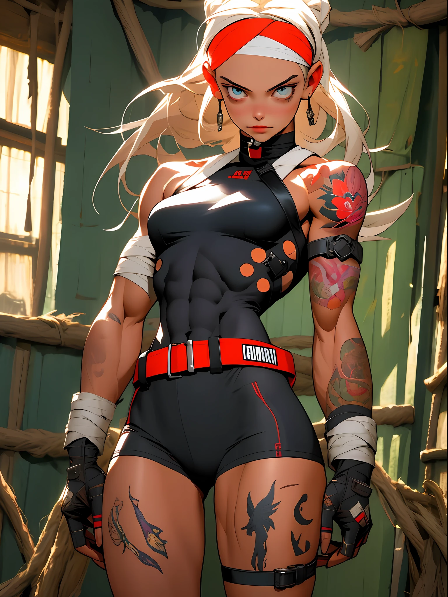 full body shot, 1girl,darlims, gloves, headband, muscular female, belt, halterneck, bandages, tattoo, navel, thigh strap, Posture_of_at_least_two_characters, stilt_house,
 (sharp focus, eyes focus, masterpiece,best quality, realistic detail,clear image,realistic,high resolution)