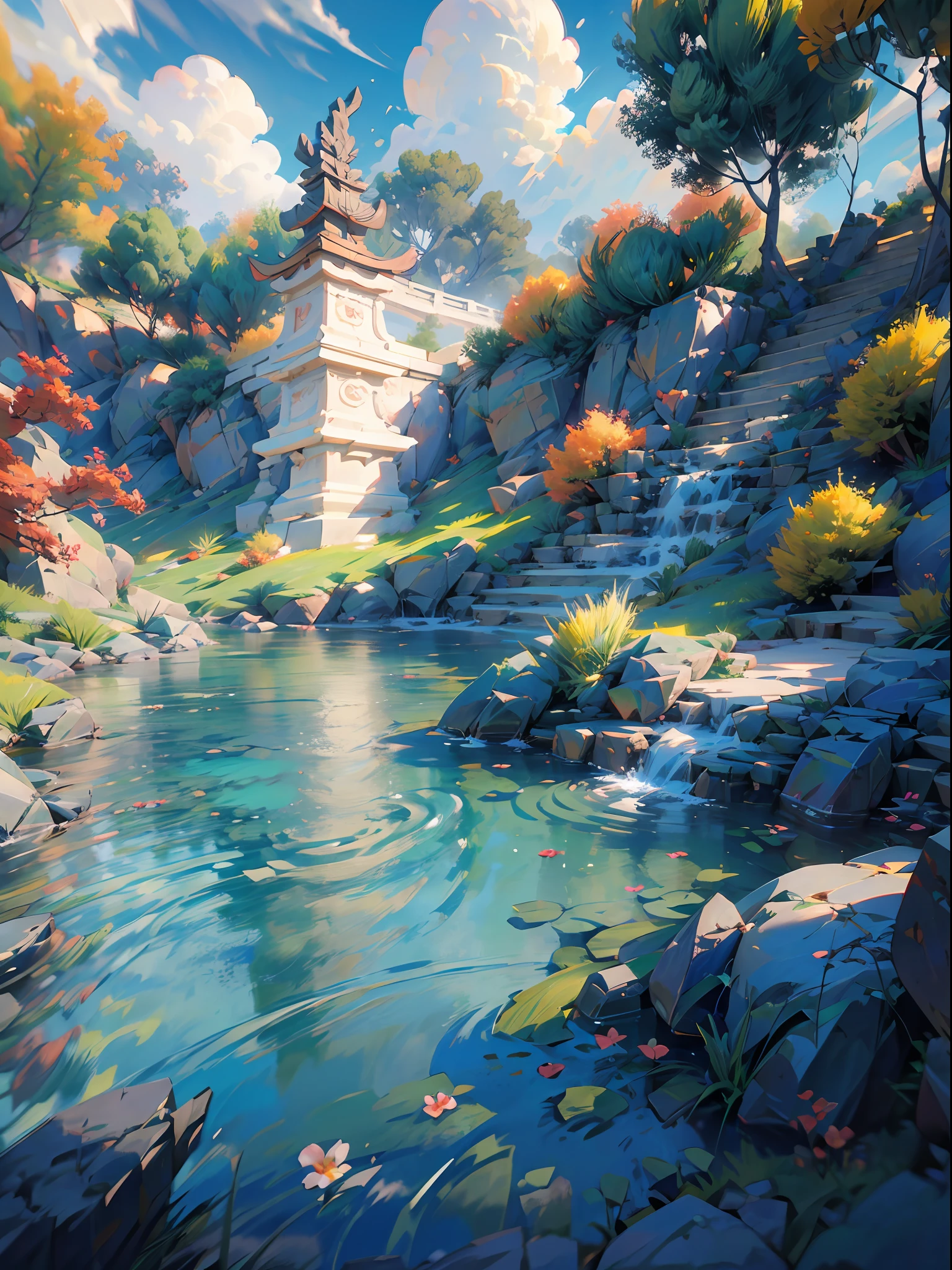 Un fondo de pantalla CG unity 8K increíblemente detallado y fotorrealista, la belleza de un jardín chino clásico, El impresionante paisaje presenta un sereno lago y un río rodeados de exuberante vegetación y majestuosos árboles., luz natural, cielo azul, Nubes esponjosas, cascada, bokeh, profundidad de campo, hdr, floración, aberración cromática, y detalles intrincados