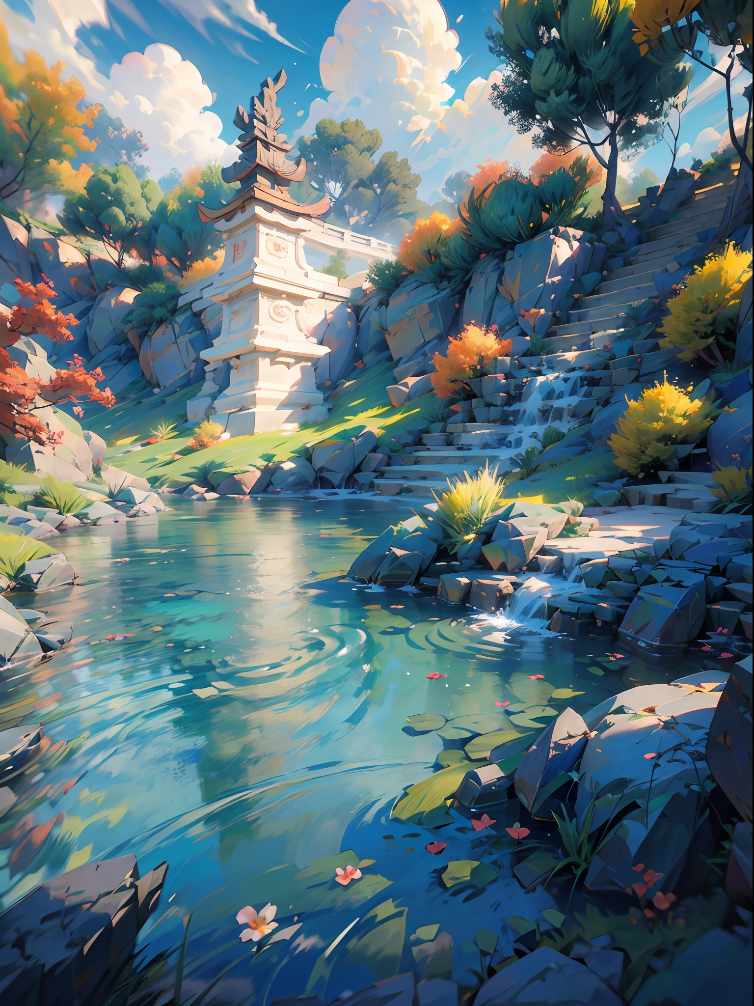 An incredibly detailed and photorealistic CG unity 8K wallpaper, the beauty of a classical Chinese garden, The stunning landscape features a serene lake and river surrounded by lush vegetation and majestic trees, natural light, blue sky, fluffy clouds, waterfall, Bokeh, Depth of Field, HDR, Bloom, Chromatic Aberration, and Intricate detail