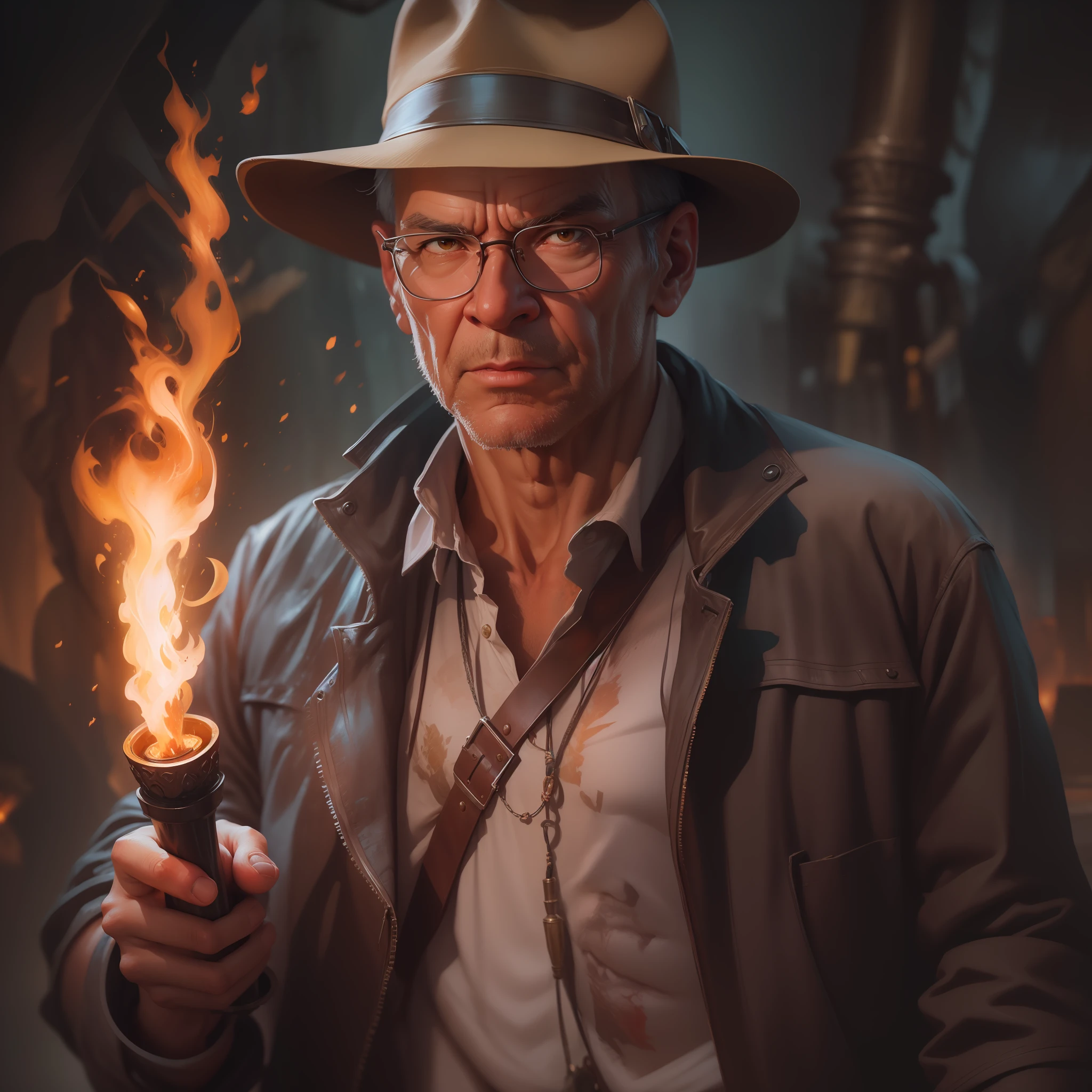 (extremely detailed CG unity 8k wallpaper), full shot body photo of the most beautiful artwork of  indiana jones holding a torch, torn jacket, nostalgia professional majestic oil painting by Ed Blinkey, Atey Ghailan, Studio Ghibli, by Jeremy Mann, Greg Manchess, Antonio Moro, trending on ArtStation, trending on CGSociety, Intricate, High Detail, Sharp focus, dramatic, photorealistic painting art by midjourney and greg rutkowski