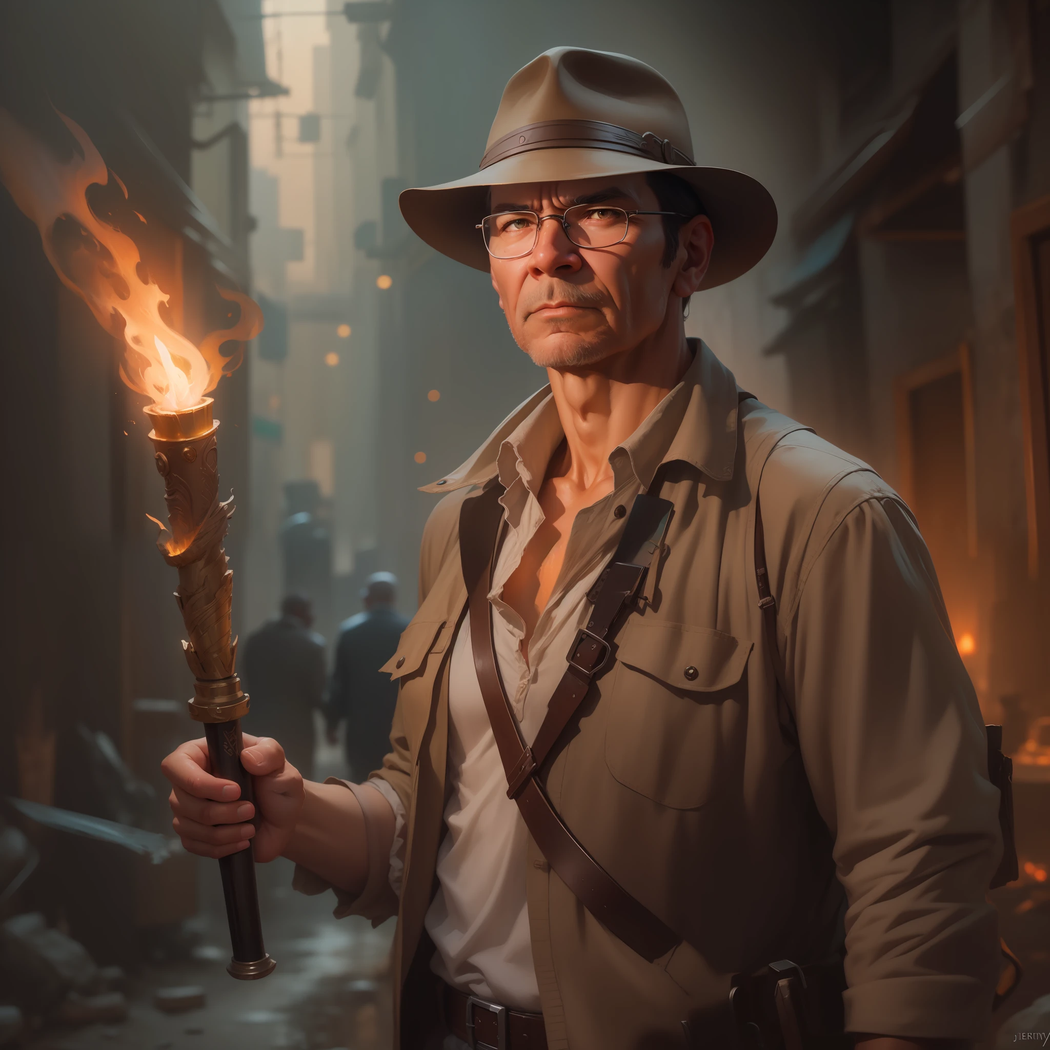 (extremely detailed CG unity 8k wallpaper), full shot body photo of the most beautiful artwork of  indiana jones holding a torch, torn jacket, nostalgia professional majestic oil painting by Ed Blinkey, Atey Ghailan, Studio Ghibli, by Jeremy Mann, Greg Manchess, Antonio Moro, trending on ArtStation, trending on CGSociety, Intricate, High Detail, Sharp focus, dramatic, photorealistic painting art by midjourney and greg rutkowski