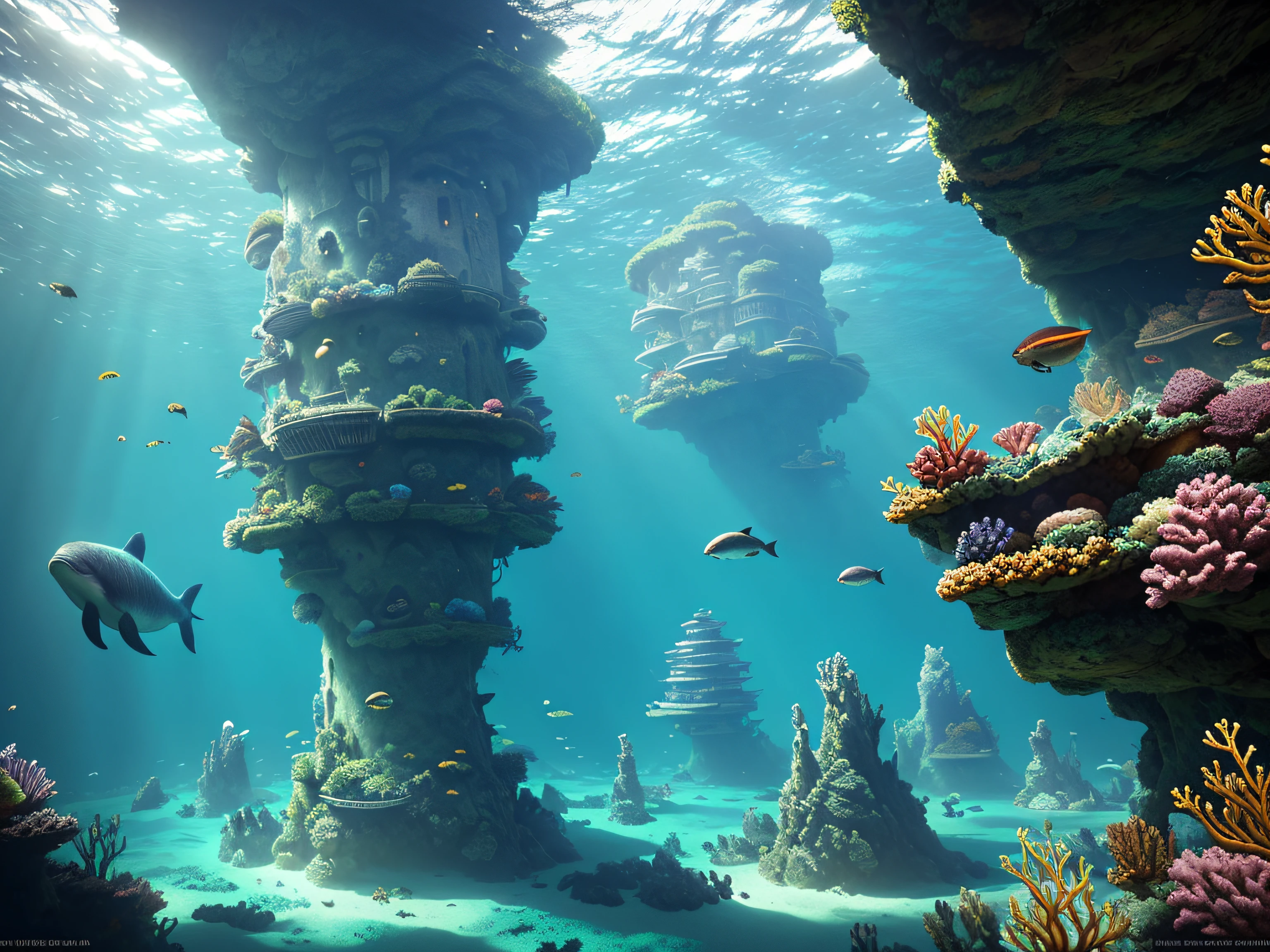 An unknown underwater world，tmasterpiece，(complexdetails), (Complicated details, Ultra detail: 1. 2), (Masterpiece, Best quality)fantasy concept art，ultra-wide-angle,light blues,Maya Flor Frick Jensens,parametric architecture,ray-traced reflection，Blockbuster，Spectacular underwater world，Huge underwater ancient building，There are schools of fish in the sea, Swim past whales，There is a light source in the middle of the seafloor from top to bottom，Seaweed extends from the bottom of the ground，cyber punk perssonage，Various natural light effects，coloured with lots of colour，There is light in the darkness，There is also a coral building with a round cap，Roundcap corals have many small holes，There are fish swimming in the cave，There are three buildings in the distance，The first building was a building with a transparent shell，Inside is a stacked chlorophyll seaweed body matrix，The second building consists of the Fishman complex，Fish stocks at sea range from high to low, From thick to fine，There were a lot of fish in the third building，The spores hang very low, There are many miniature buildings inside，Near and far，nigth，Light from top to bottom illuminates the entire seabed，cyber punk perssonage，Nice natural effect, Wide shot, Filming under the sea，8k 辛烷值渲染, Photorealistic, epic shot, Cinematic lighting, detailed building, Detailed details，真实感，UHD resolution