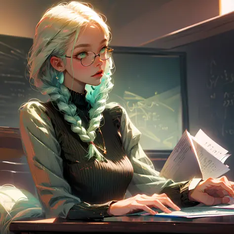 Blonde hair, Light green eyes, Twisted braids, Student girls, Classroom, mathematics
Math problems，Triangular ruler glasses --au...