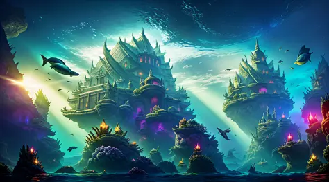 An unknown underwater world，tmasterpiece，fantasy concept art，Spectacular underwater world，Huge underwater ancient building，There...