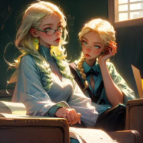 Blonde hair, Light green eyes, Twisted braids, Student girls, Classroom, mathematics
Math problems，Triangular ruler glasses --au...