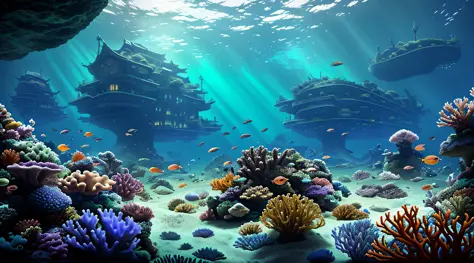 An unknown underwater world，tmasterpiece，fantasy concept art，Spectacular underwater world，Huge underwater ancient building，There...
