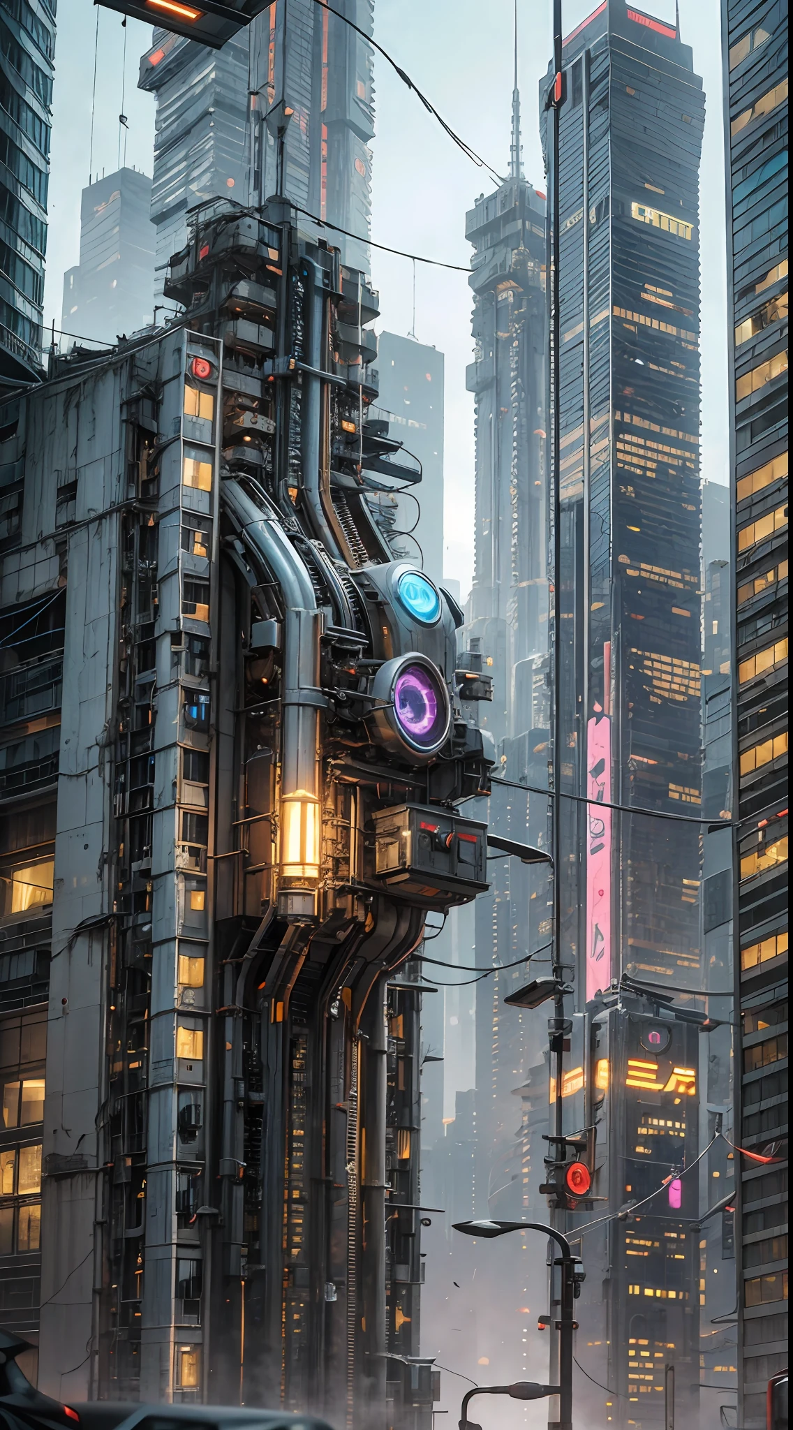 cyberpunk, مستقبلية, الجماليات الميكانيكية, الآلات المعقدة, high-tech lighting scene of مستقبلية city in the background, المحرك الظاهري 5,