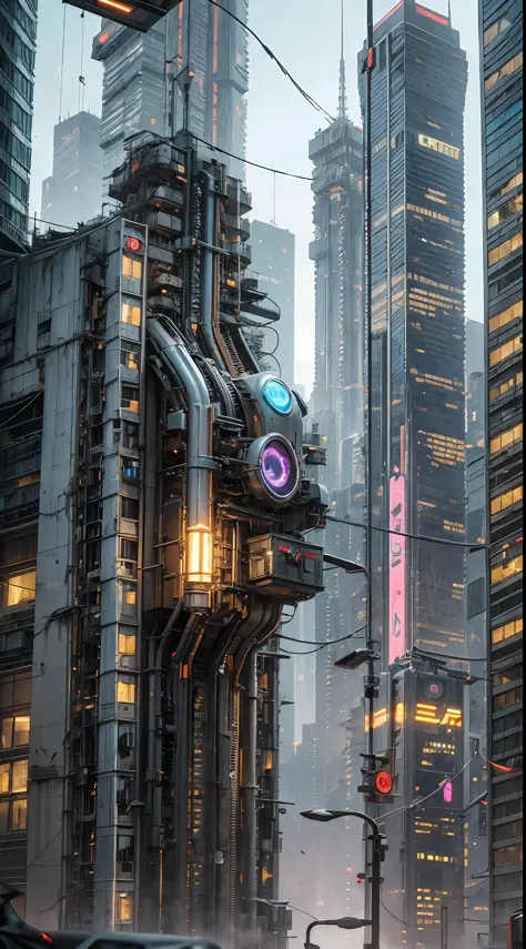 Cyberpunk, futuristic, mechanical aesthetics, complex machinery, high-tech lighting scene of futuristic city in the background, ...