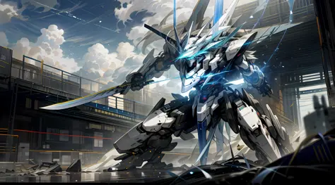 Skysky，​​clouds，Holding_arma，No_Humanity，with light glowing，，droid，buliding，Glowing_Eyes，Mecha，scientific fiction，城市，Realistis，Mecha，The elbows are blue and white，Dragon's mech head，In the palm of his left hand, he holds a spear that glowed red