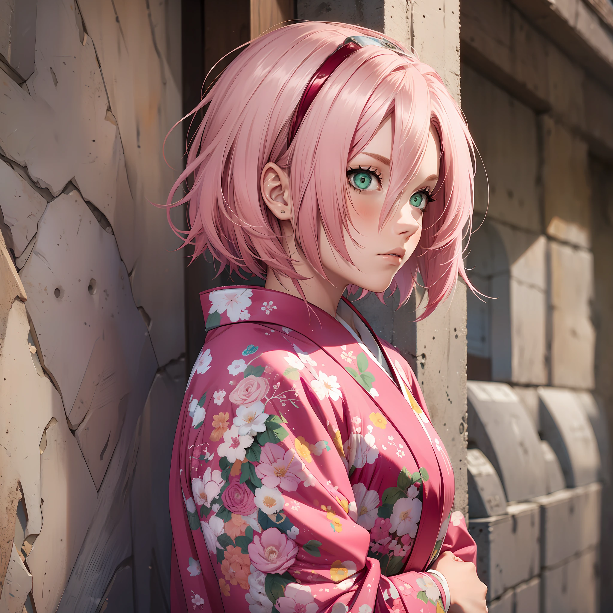 Female, short hair, pink Bob head, pink kimono, JK