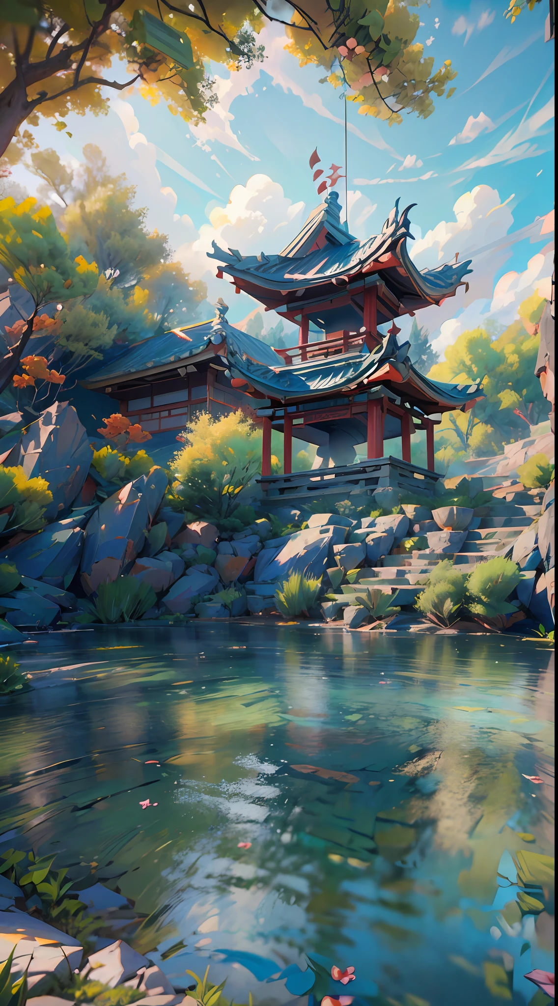 An incredibly detailed and photorealistic CG unity 8K wallpaper, the beauty of a classical Chinese garden, The stunning landscape features a serene lake and river surrounded by lush vegetation and majestic trees, natural light, blue sky, fluffy clouds, waterfall, Bokeh, Depth of Field, HDR, Bloom, Chromatic Aberration, and Intricate detail