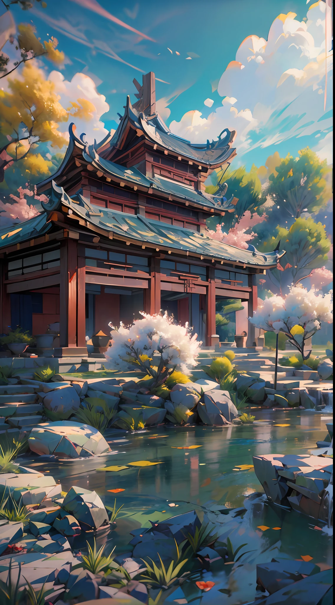 Un fondo de pantalla CG unity 8K increíblemente detallado y fotorrealista, la belleza de un jardín chino clásico, El impresionante paisaje presenta un sereno lago y un río rodeados de exuberante vegetación y majestuosos árboles., luz natural, cielo azul, Nubes esponjosas, cascada, bokeh, profundidad de campo, hdr, floración, aberración cromática, y detalles intrincados