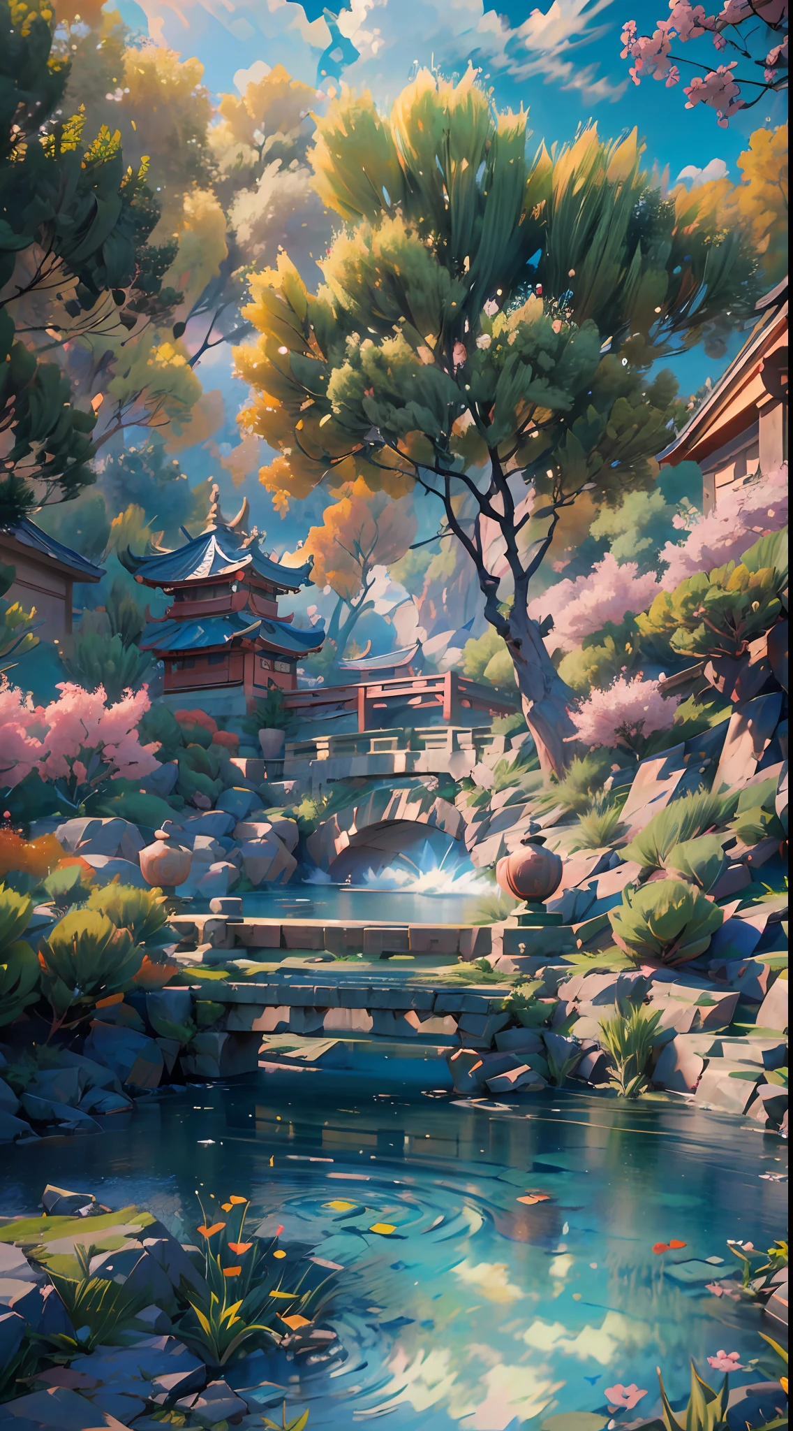 Un fondo de pantalla CG unity 8K increíblemente detallado y fotorrealista, la belleza de un jardín chino clásico, El impresionante paisaje presenta un sereno lago y un río rodeados de exuberante vegetación y majestuosos árboles., luz natural, cielo azul, Nubes esponjosas, cascada, bokeh, profundidad de campo, hdr, floración, aberración cromática, y detalles intrincados