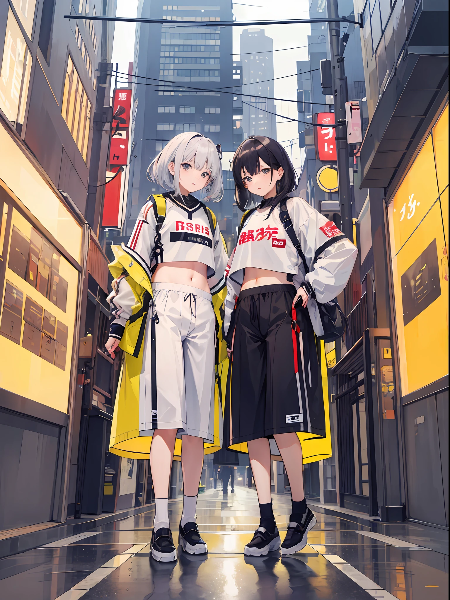 femele,Navel clothes,,Fashionable,high-level image quality,The background is a city typical of Tokyo,firmament,​​clouds,((Clothes that are too bulky to reach)),(((Oversize)))