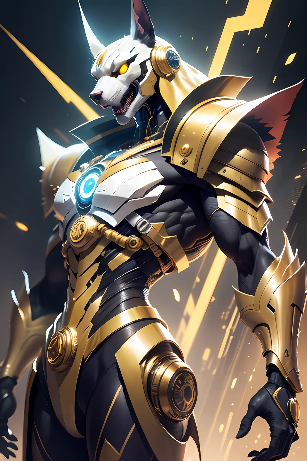 simple background, 1man, godanubis, upper body. side-view, open mouth, cowboy-shot, glowing eyes, mechanical body, cyberpunk, mecha, cyber, robot. white-head. golden-blue-body, godanubis-head, anubis-head, dog-head,. chest-yellow-color-reactor, chest-armor, full-armor-hands, full-cyber-hands, cyberpunk-hands