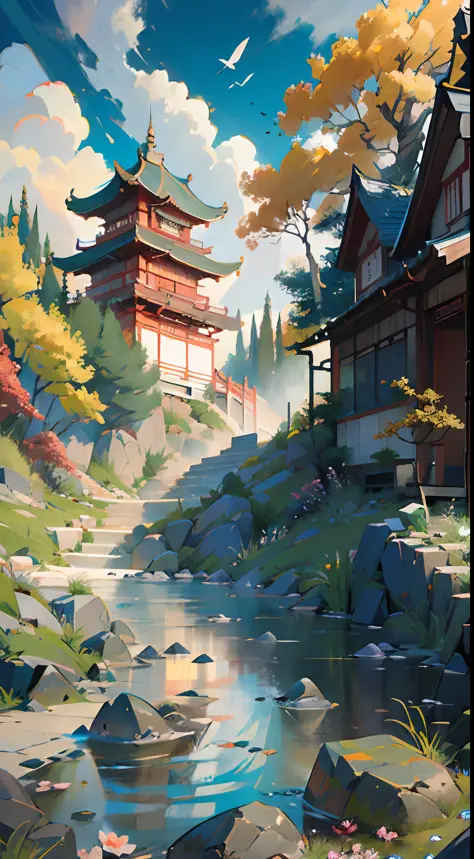 Chinese landscape painting, High perspective effect, Inspired by self-created characters，Engraved rendering, traditional aesthet...
