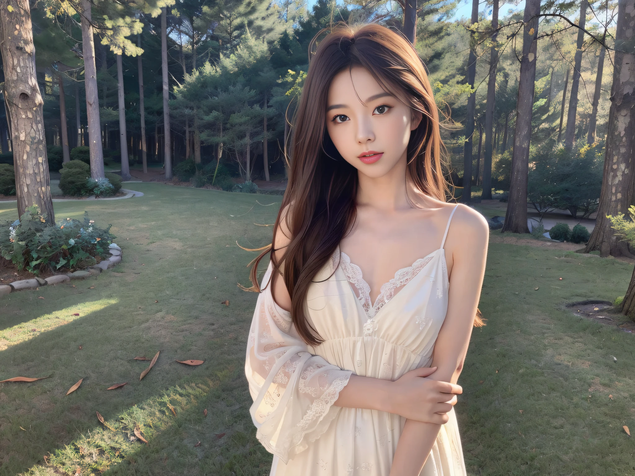 ，Masterpiece, Best quality，8k, Ultra-high resolution，(beautidful eyes:1.5)， ((Medium view，The upper part of the body:1.5))，In a quiet forest，Sunlight shines on the lake through the dense foliage，Form mottled shadows。A gentle goddess stands by the lake，She wore a soft white dress，Long hair flutters in the wind。