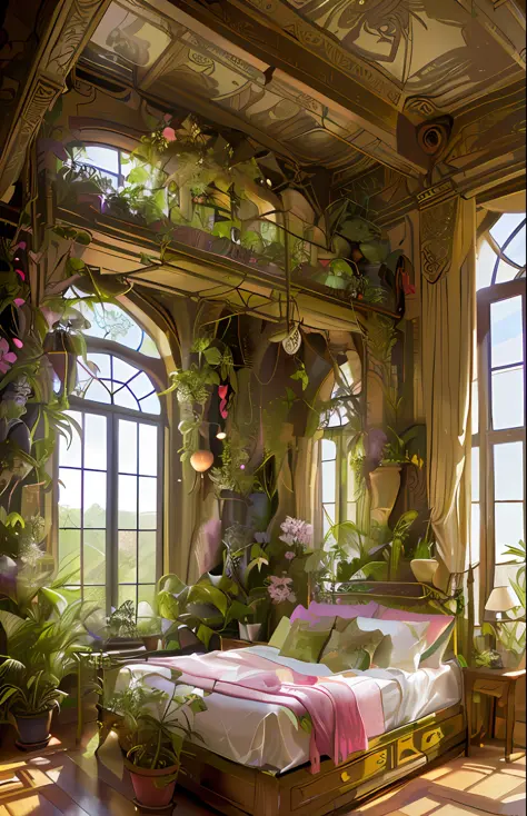 arafed bedroom with a bed and lots of plants in it, room full of plants, adorned with all kind of plants, maximalist art nouveau...
