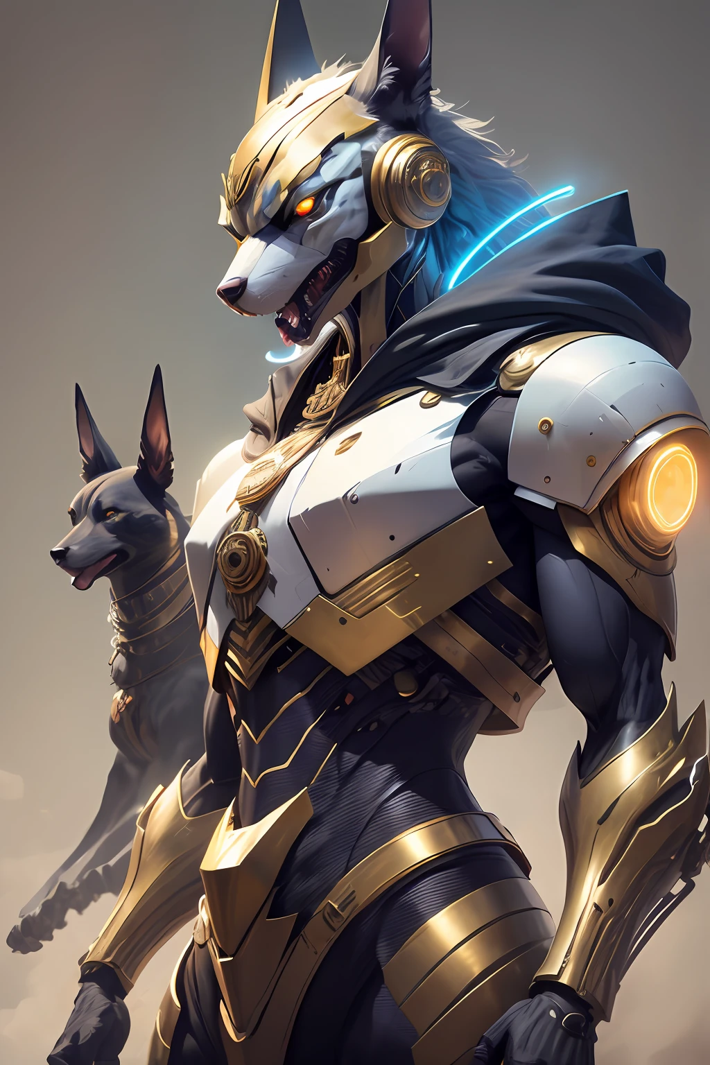 simple background, 1man, godanubis, upper body. side-view, open mouth, cowboy-shot, glowing eyes, mechanical body, cyberpunk, mecha, cyber, robot. white-head. golden-blue-body, godanubis-head, anubis-head, dog-head,