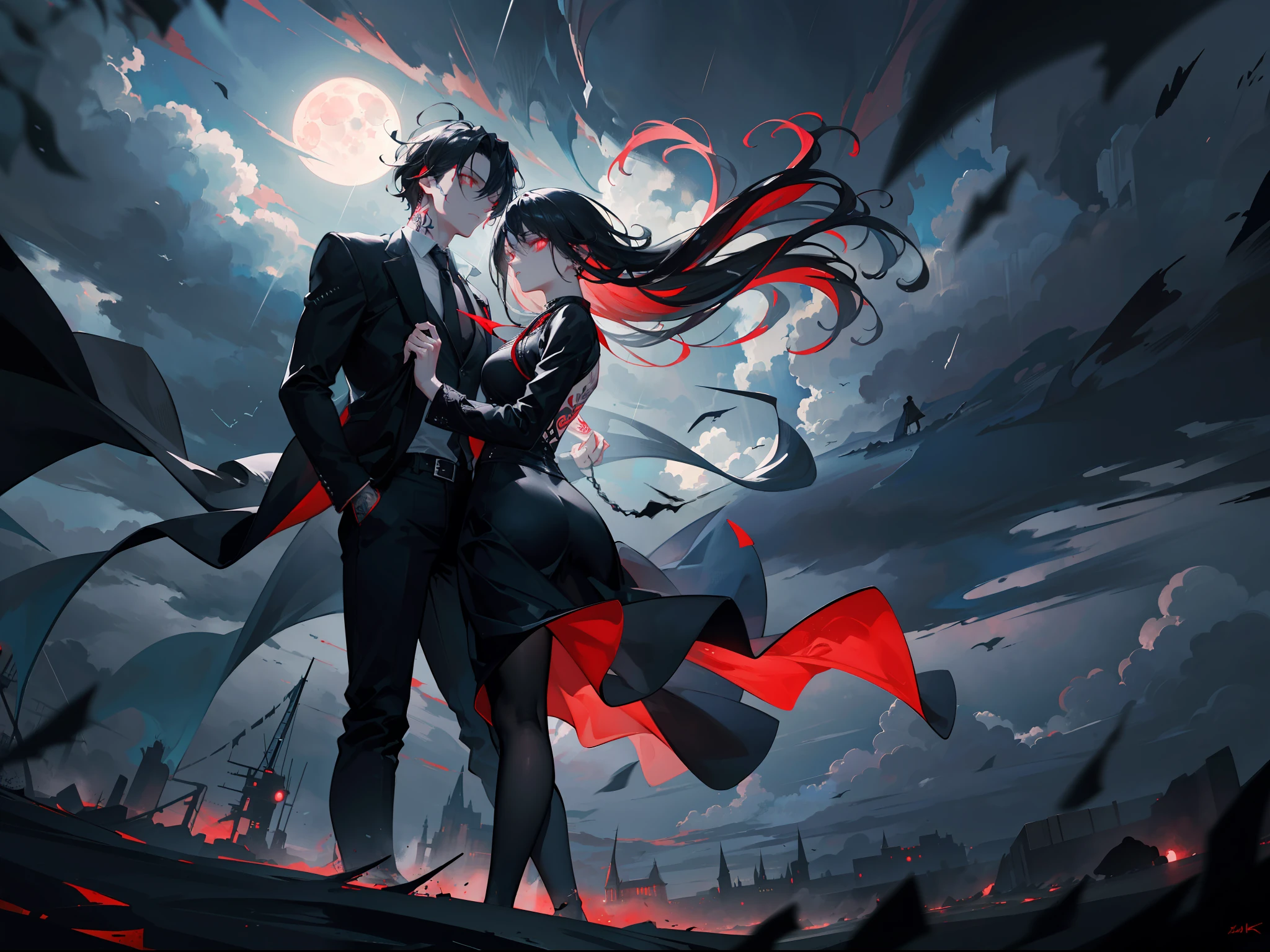 Anime couple in a dark night with a full moon in the background - SeaArt AI