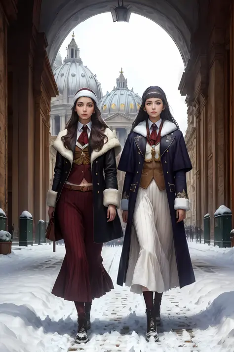 （Positive focus),2girls,duo,navel,(on the St. Peter's Square of Vatican,crowd,winter,Snowy),Surrealistic Female Portraits by Dav...
