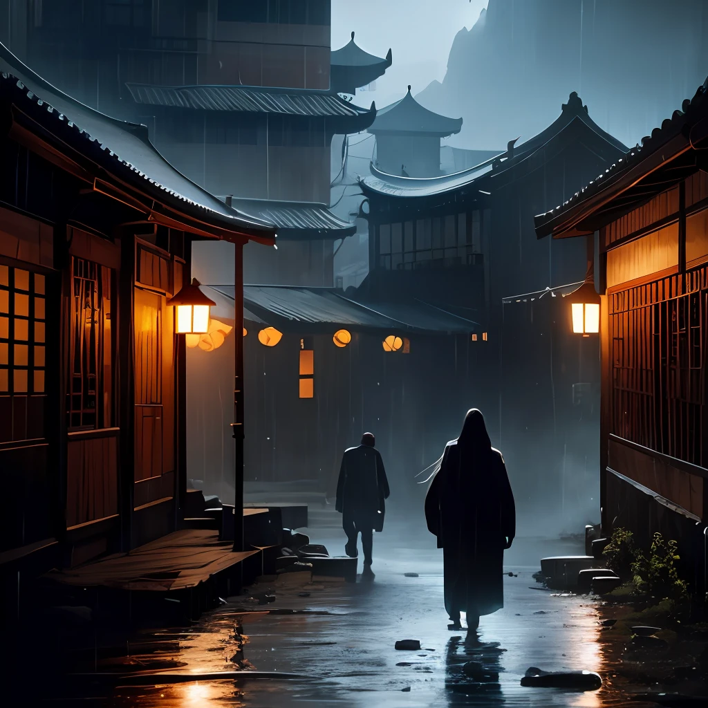 arafed view of a village with a lot of lights on the buildings, dreamy chinese town, chinese village, amazing wallpaper, japanese town, japanese village, hyper realistic photo of a town, old asian village, japanese city, by Raymond Han, rainy evening, cyberpunk chinese ancient castle, beautifully lit buildings, at evening during rain, beautiful and aesthetic, photography, cinematic, 8k, high detailed ((Heavy rain)))