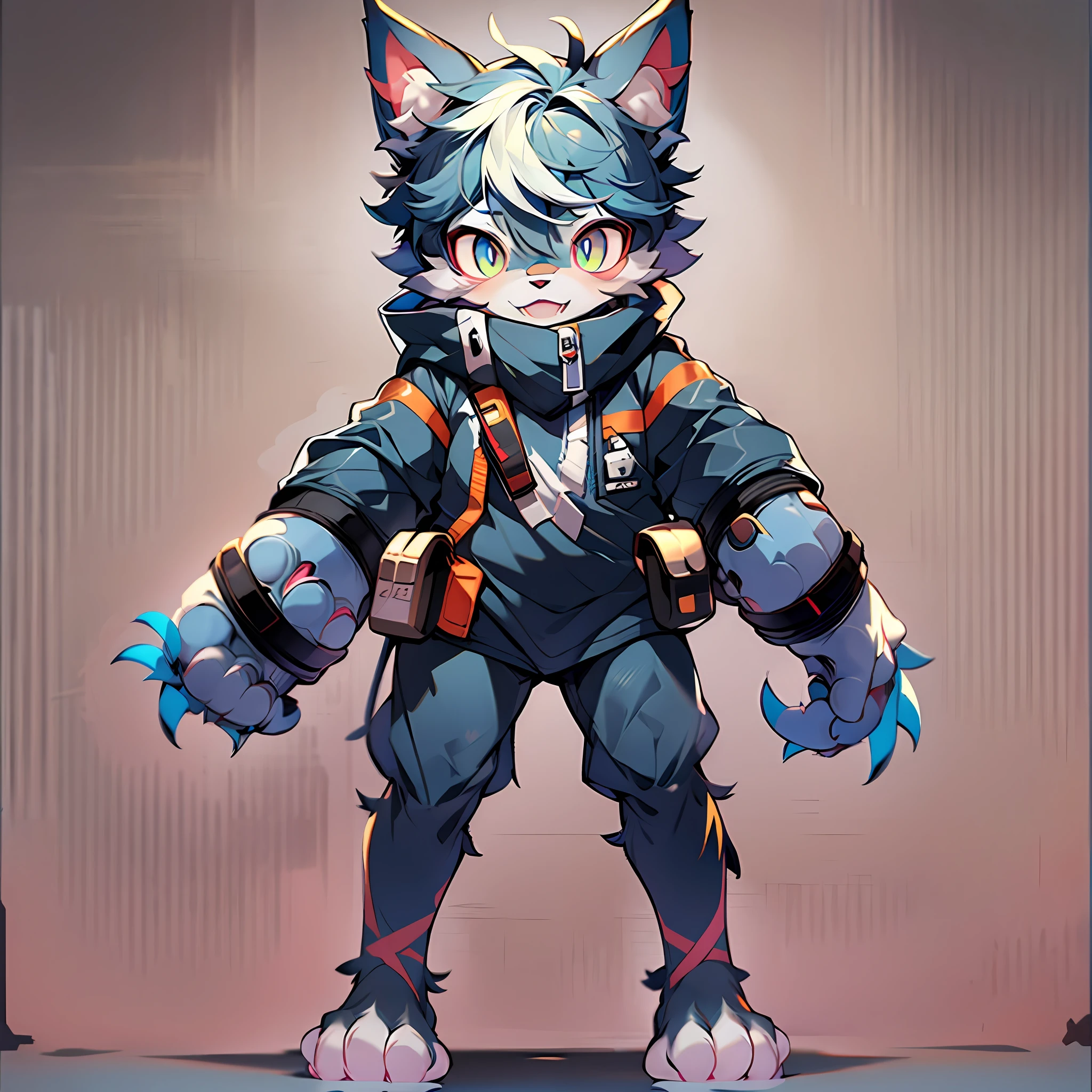 Furry cat Forelimb hands Hindlimb leg and foot Standing Shota Little boy Overall blue Right eye mechanical right eye Full body with pink flesh pad Eyes pupil blue Furry No clothing Two ears Cyberwind