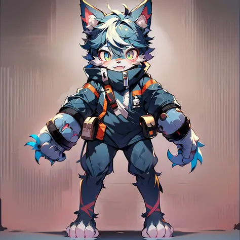 furry cat forelimb hands hindlimb leg and foot standing shota little boy overall blue right eye mechanical right eye full body w...