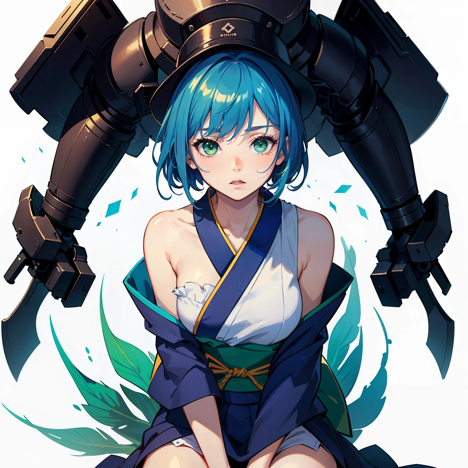 [(white background:1.5)::5], hexagon,masterpiece, (best quality), ((1girl)),young,upper body,((blue hair)),((green eyes)),(((hand between legs))),short hair,expressive hair,short kimono,perfect hands,game cg,absurdres, wallpaper, illustration