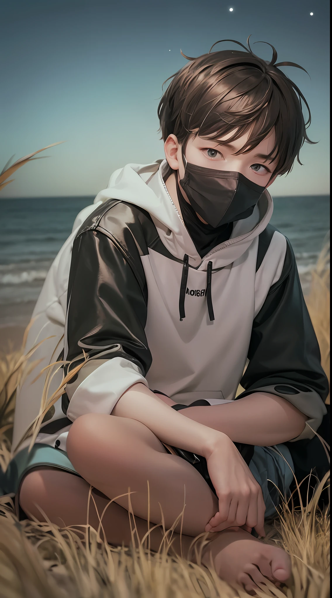 anonymous, secret people, dark colors, boy, covered mouth,  , beach, night, sitting on the grasses, looking to sea, no light, messy hairs, bored man, wears black clothes --auto --s2