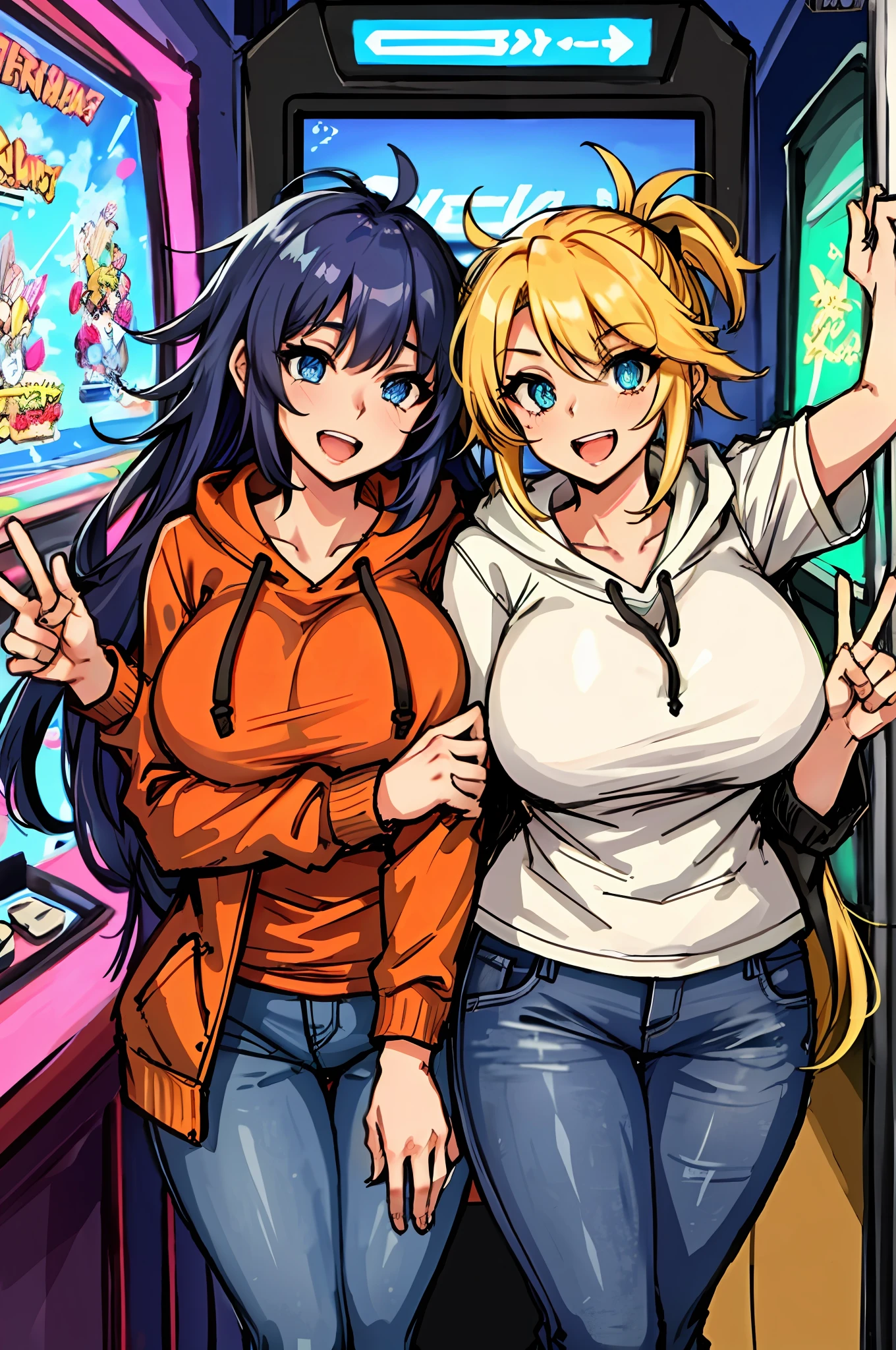 Duas garotas de anime próximas uma da outra em frente a uma máquina de jogos  - SeaArt AI